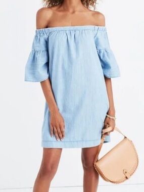 Madewell Off-Shoulder Chambray Dress in Light Blue